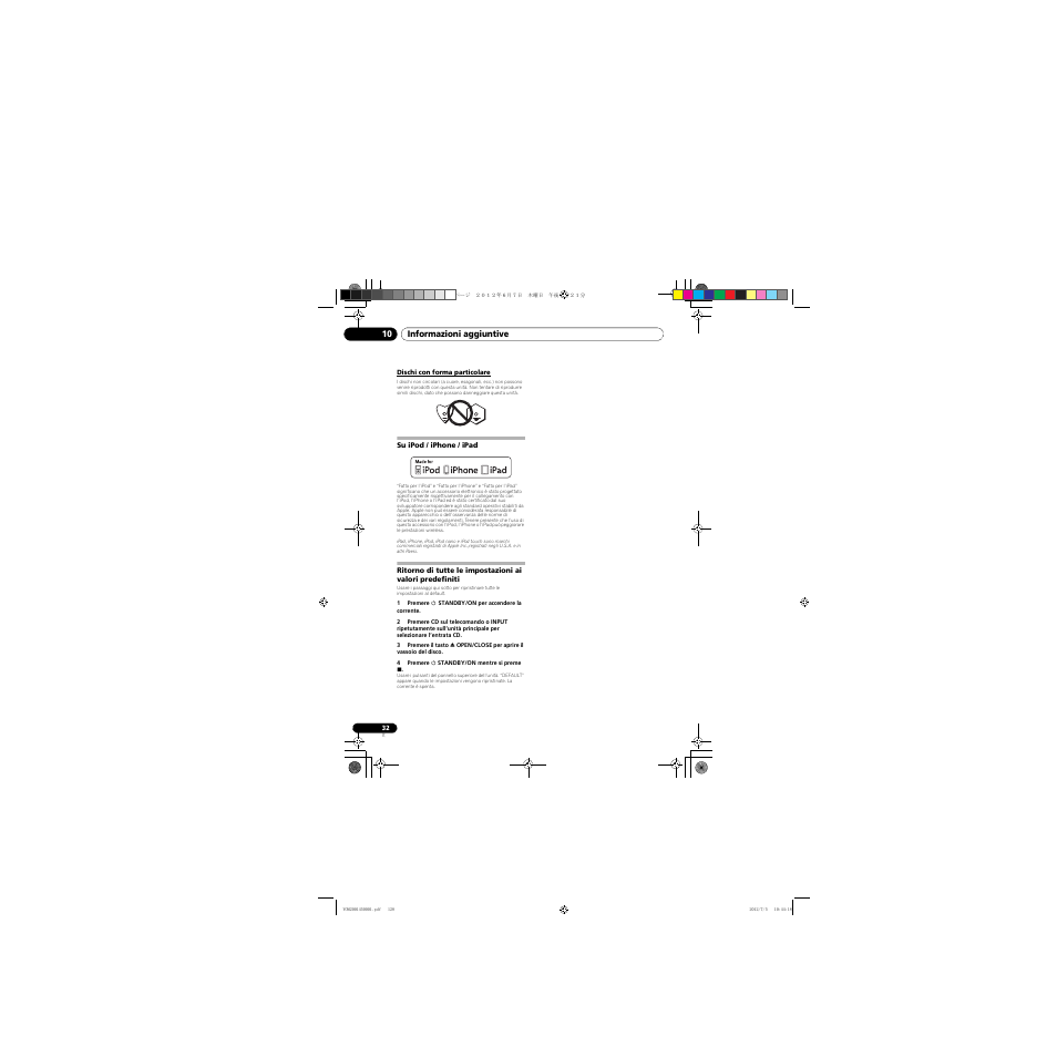 Dischi con forma particolare, Su ipod / iphone / ipad, Ritorno di tutte le impostazioni ai valori | Predefiniti | Pioneer X-CM31-R User Manual | Page 128 / 228