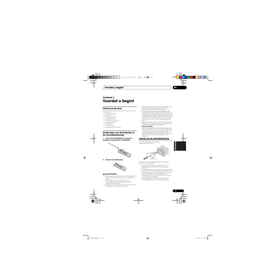 01 voordat u begint, Inhoud van de doos, Aanbrengen van de batterijen in de | Afstandsbediening, Gebruik van de afstandsbediening, Voordat u begint | Pioneer X-CM31-R User Manual | Page 133 / 228
