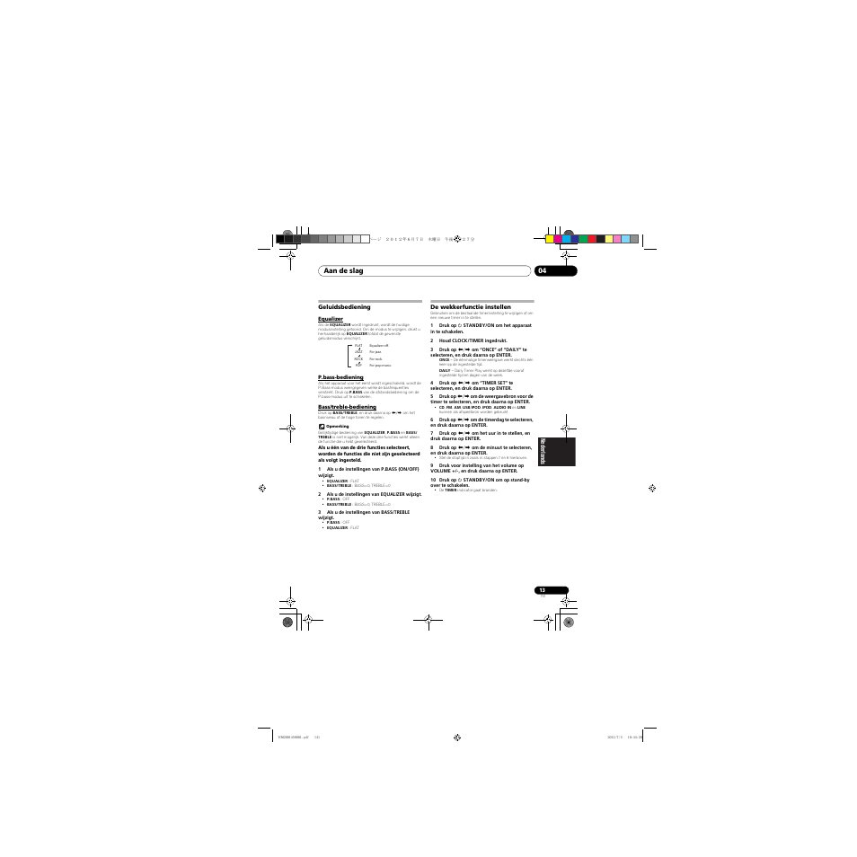 Geluidsbediening, Equalizer, P.bass-bediening | Bass/treble-bediening, De wekkerfunctie instellen | Pioneer X-CM31-R User Manual | Page 141 / 228