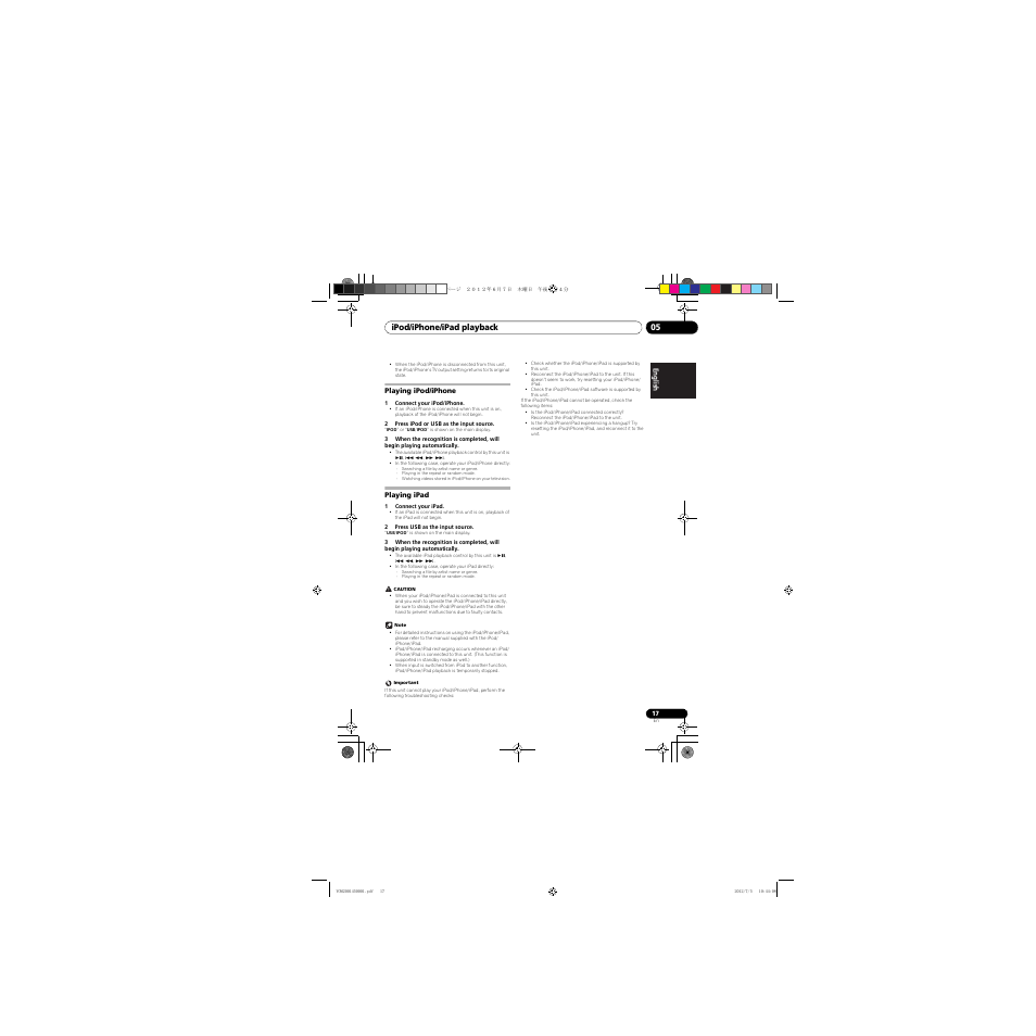 Playing ipod/iphone, Playing ipad, Ipod/iphone/ipad playback 05 | Pioneer X-CM31-R User Manual | Page 17 / 228