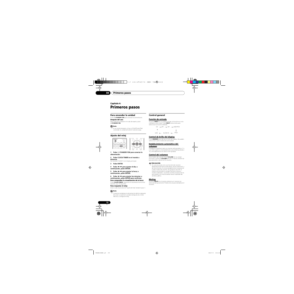 04 primeros pasos, Para encender la unidad, Ajuste del reloj | Control general, Función de entrada, Control de brillo del display, Establecimiento automático del volumen, Control del volumen, Muting, Primeros pasos | Pioneer X-CM31-R User Manual | Page 172 / 228