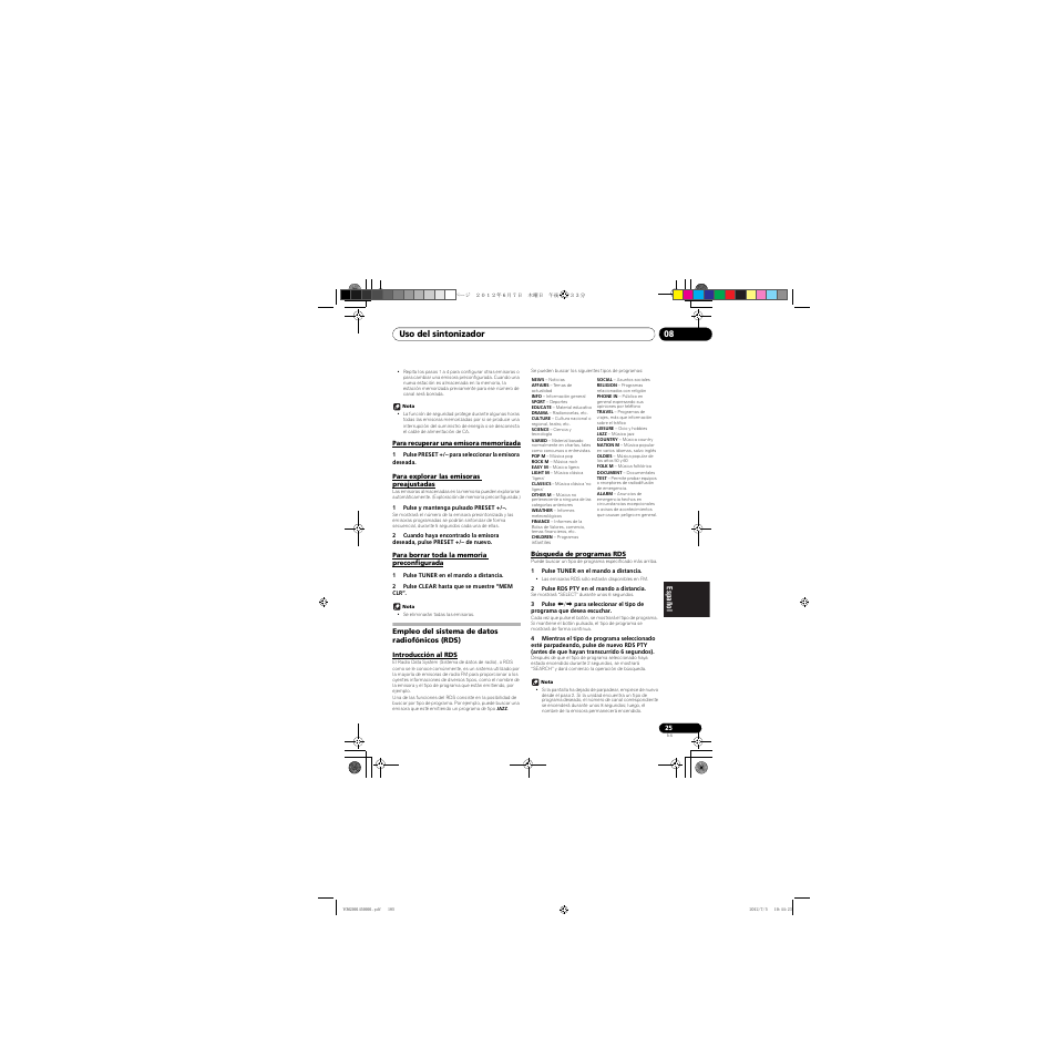 Para recuperar una emisora memorizada, Para explorar las emisoras preajustadas, Para borrar toda la memoria preconfigurada | Empleo del sistema de datos radiofónicos (rds), Introducción al rds, Búsqueda de programas rds, Uso del sintonizador 08 | Pioneer X-CM31-R User Manual | Page 185 / 228