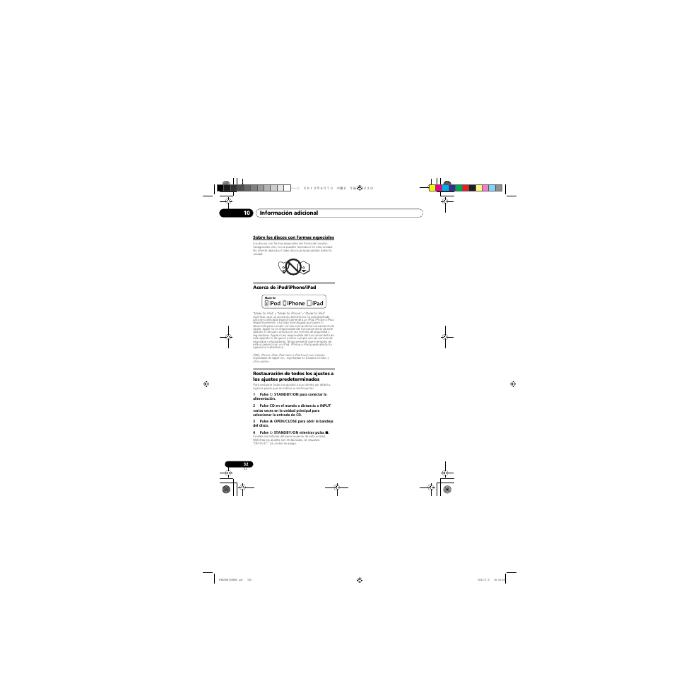 Sobre los discos con formas especiales, Acerca de ipod/iphone/ipad, Restauración de todos los ajustes a los ajustes | Predeterminados | Pioneer X-CM31-R User Manual | Page 192 / 228