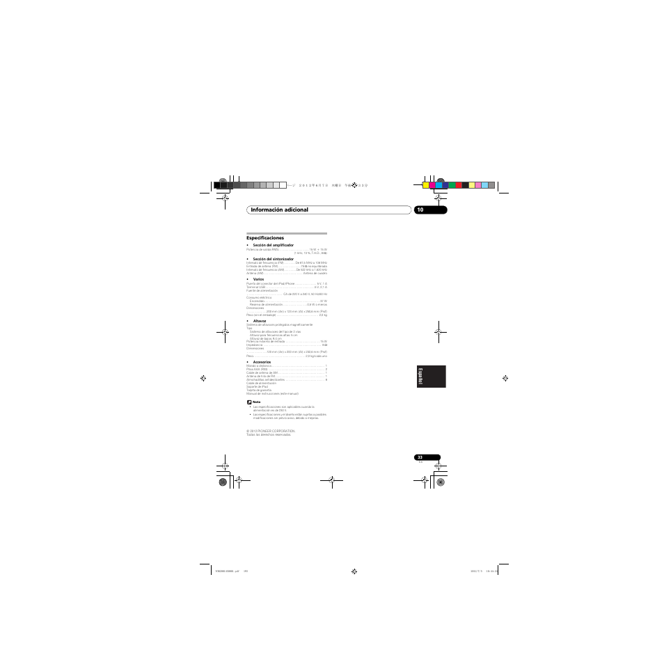Especificaciones | Pioneer X-CM31-R User Manual | Page 193 / 228
