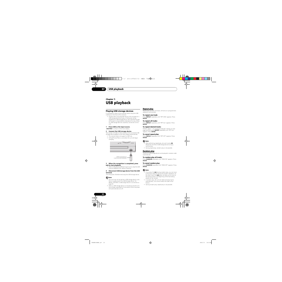 Usb playback, Playing usb storage devices, Repeat play | Random play, 07 usb playback, Usb playback 07 | Pioneer X-CM31-R User Manual | Page 22 / 228