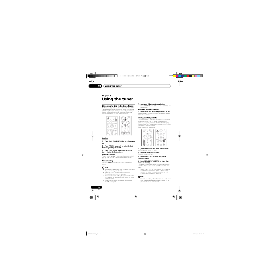 Using the tuner, Listening to the radio broadcasts, Tuning | Saving station presets, 08 using the tuner, Clear repeat, Using the tuner 08 | Pioneer X-CM31-R User Manual | Page 24 / 228