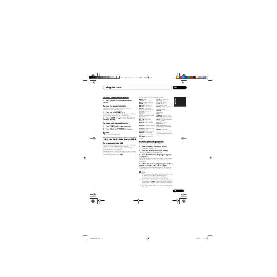 To recall a memorised station, To scan the preset stations, To erase entire preset memory | Using the radio data system (rds), An introduction to rds, Searching for rds programs, Using the tuner 08 | Pioneer X-CM31-R User Manual | Page 25 / 228