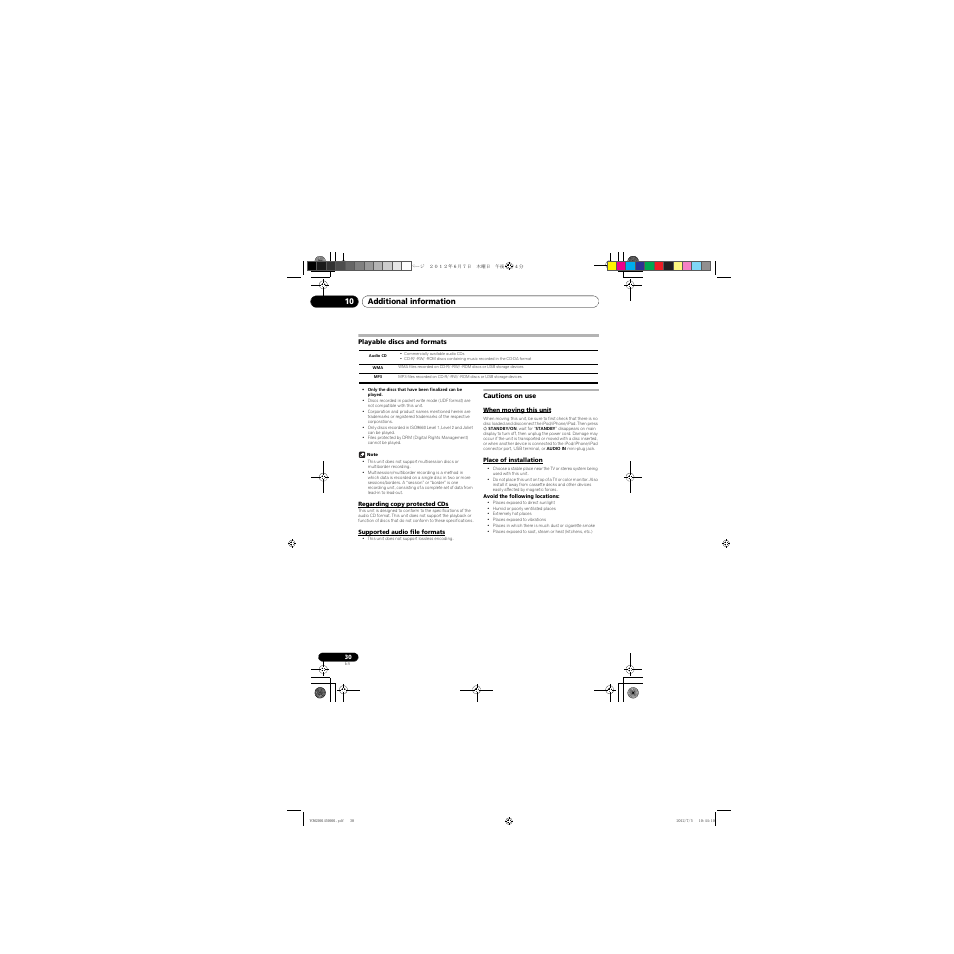 Playable discs and formats, Regarding copy protected cds, Supported audio file formats | Cautions on use, When moving this unit, Place of installation, Additional information 10 | Pioneer X-CM31-R User Manual | Page 30 / 228