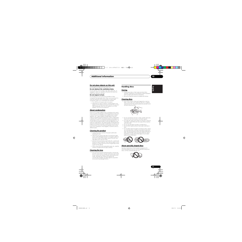 Do not place objects on this unit, About condensation, Cleaning the product | Cleaning the lens, Handling discs, Storing, Cleaning discs, About specially shaped discs, Additional information 10 | Pioneer X-CM31-R User Manual | Page 31 / 228