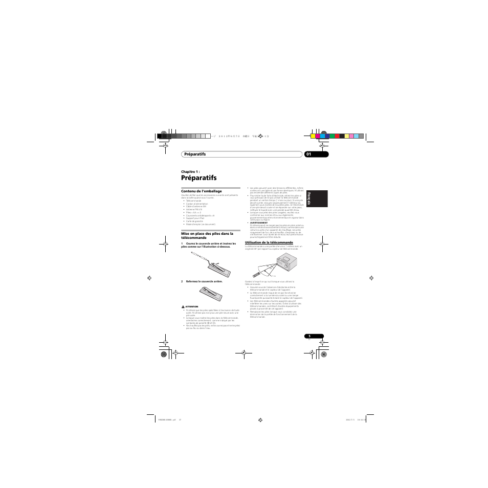 01 préparatifs, Contenu de l’emballage, Mise en place des piles dans la télécommande | Utilisation de la télécommande | Pioneer X-CM31-R User Manual | Page 37 / 228