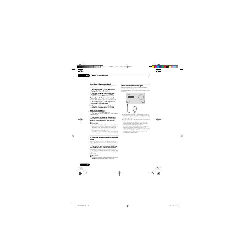 Rappel de l’alarme de réveil, Annulation de l’alarme de réveil, Utilisation du réveil | Utilisation du minuteur de mise en veille, Utilisation avec un casque, Timer volume phones audio in ipad | Pioneer X-CM31-R User Manual | Page 46 / 228