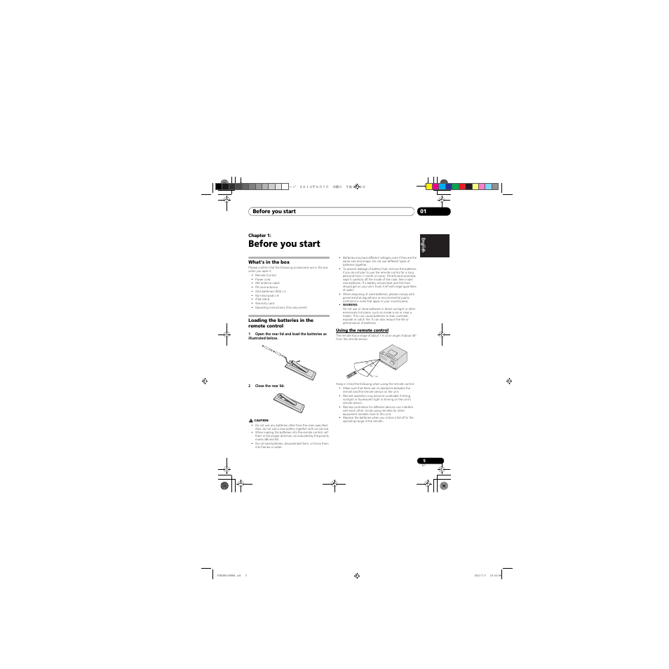 Before you start, What’s in the box, Loading the batteries in the remote control | Using the remote control, 01 before you start | Pioneer X-CM31-R User Manual | Page 5 / 228