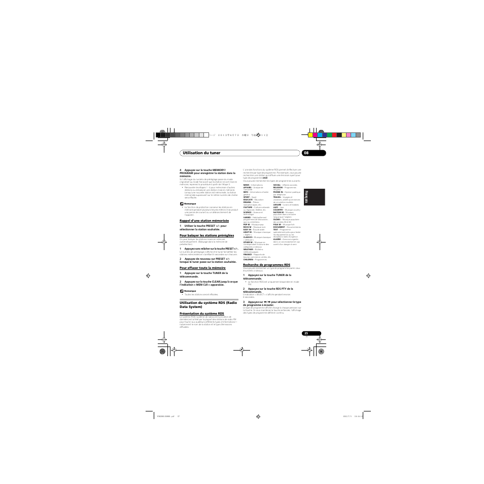 Rappel d’une station mémorisée, Pour balayer les stations préréglées, Pour effacer toute la mémoire | Utilisation du système rds (radio data system), Présentation du système rds, Recherche de programmes rds, Utilisation du tuner 08 | Pioneer X-CM31-R User Manual | Page 57 / 228