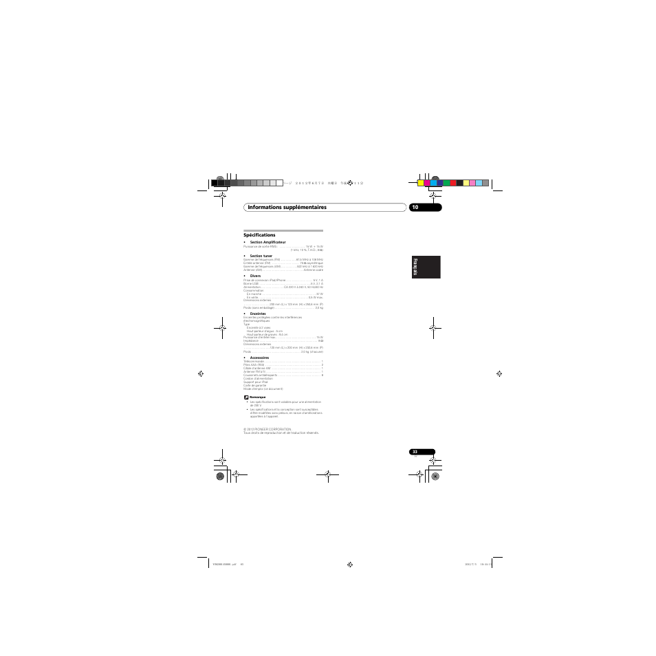 Spécifications | Pioneer X-CM31-R User Manual | Page 65 / 228