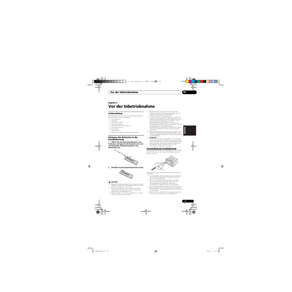 01 vor der inbetriebnahme, Lieferumfang, Einlegen der batterien in die fernbedienung | Verwendung der fernbedienung, Vor der inbetriebnahme | Pioneer X-CM31-R User Manual | Page 69 / 228