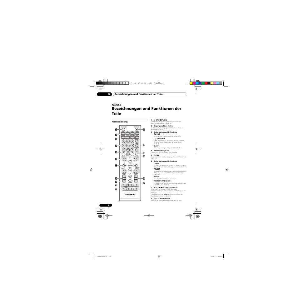 02 bezeichnungen und funktionen der, Teile, Fernbedienung | Bezeichnungen und funktionen der teile, Bezeichnungen und funktionen der teile 02 | Pioneer X-CM31-R User Manual | Page 70 / 228