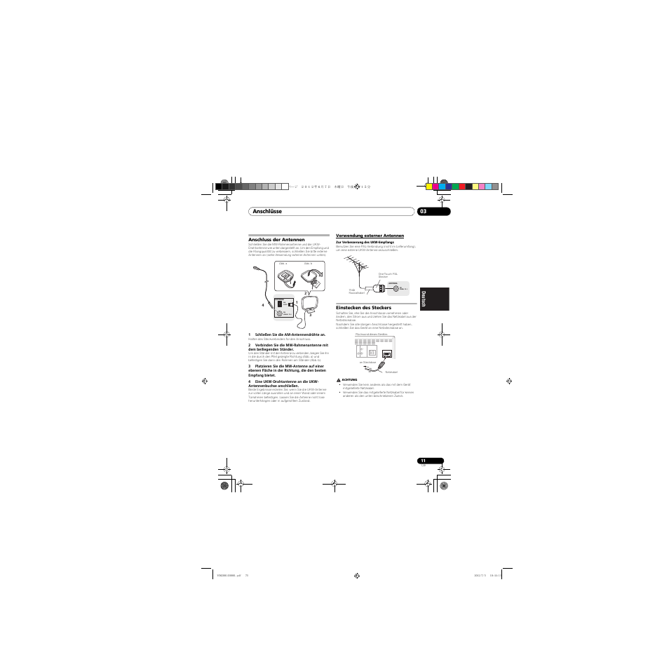 Anschluss der antennen, Verwendung externer antennen, Einstecken des steckers | Pioneer X-CM31-R User Manual | Page 75 / 228