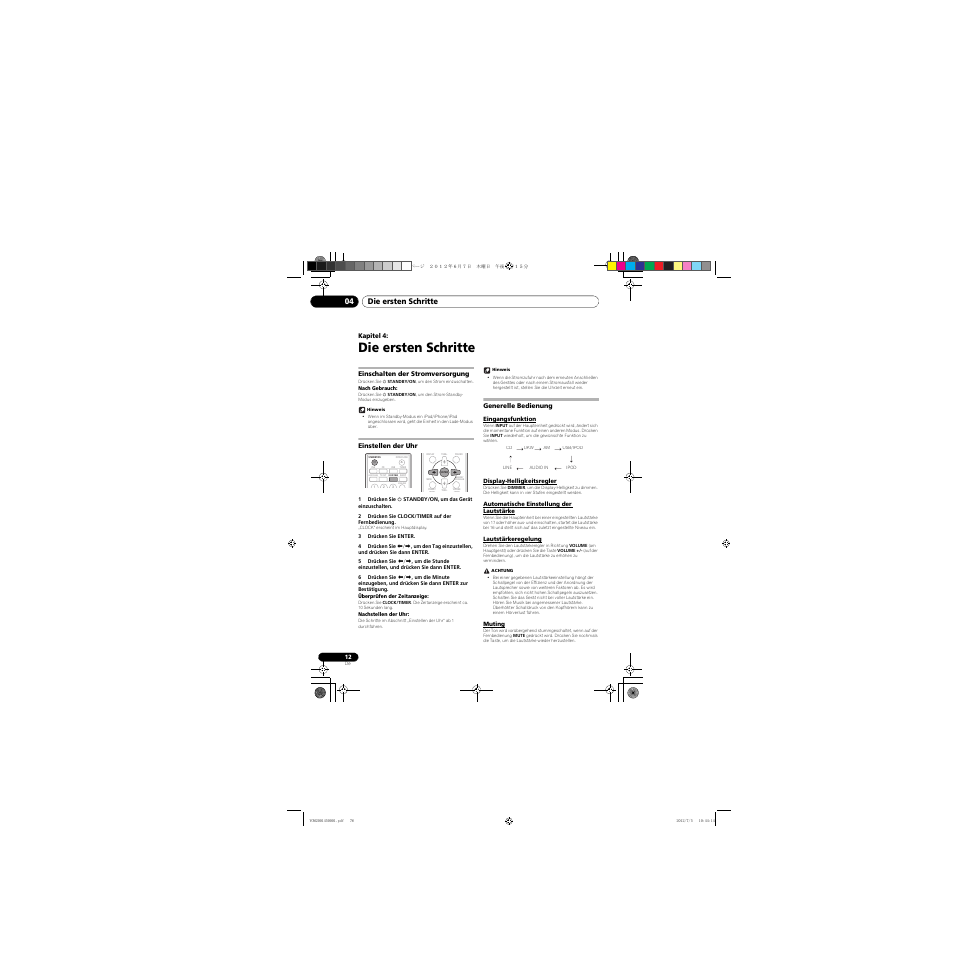 04 die ersten schritte, Einschalten der stromversorgung, Einstellen der uhr | Generelle bedienung, Eingangsfunktion, Display-helligkeitsregler, Automatische einstellung der lautstärke, Lautstärkeregelung, Muting, Die ersten schritte | Pioneer X-CM31-R User Manual | Page 76 / 228