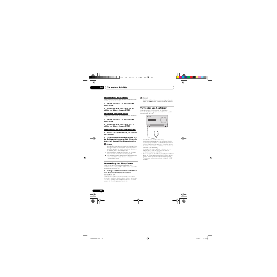 Anwählen des weck-timers, Abbrechen des weck-timers, Verwendung der weck-zeitschaltuhr | Verwendung des sleep-timers, Verwenden von kopfhörern, Timer volume phones audio in ipad | Pioneer X-CM31-R User Manual | Page 78 / 228