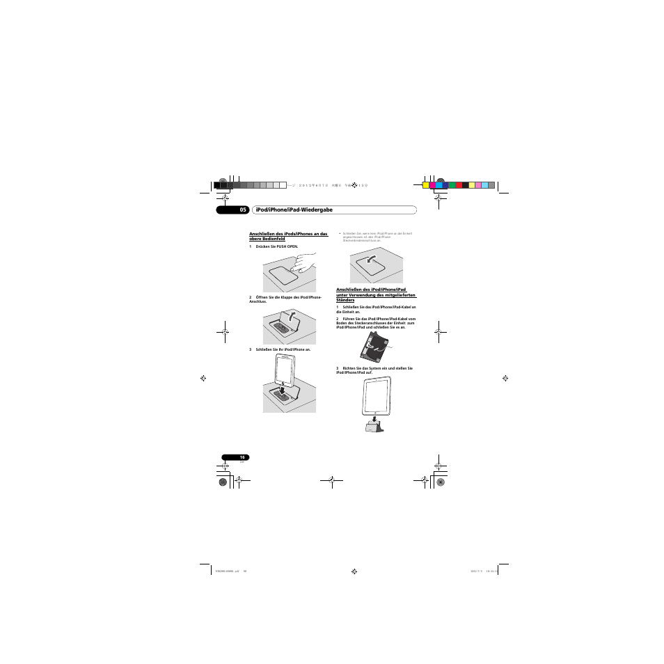 Anschließen des ipods/iphones an das obere, Bedienfeld, Anschließen des ipod/iphone/ipad unter | Verwendung des mitgelieferten ständers, Push open | Pioneer X-CM31-R User Manual | Page 80 / 228
