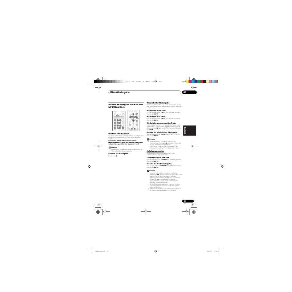Weitere wiedergabe von cds oder mp3/wma, Discs, Direkter titel-suchlauf | Wiederholte wiedergabe, Zufallswiedergabe, Clear repeat, Disc-wiedergabe 06 | Pioneer X-CM31-R User Manual | Page 83 / 228
