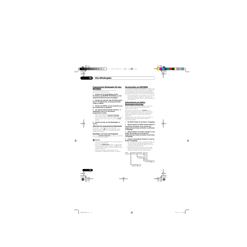 Programmierte wiedergabe (cd oder mp3/wma), Herunterladen von mp3/wma, Informationen zur ordner-wiedergabereihenfolge | Disc-wiedergabe 06 | Pioneer X-CM31-R User Manual | Page 84 / 228