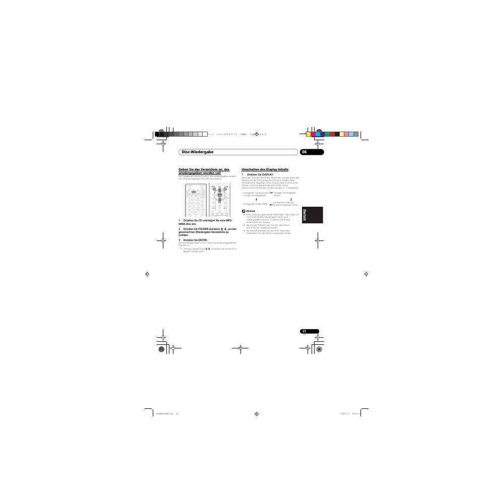 Geben sie das verzeichnis an, das wiedergegeben, Werden soll, Umschalten des display-inhalts | Clear repeat, Disc-wiedergabe 06 | Pioneer X-CM31-R User Manual | Page 85 / 228