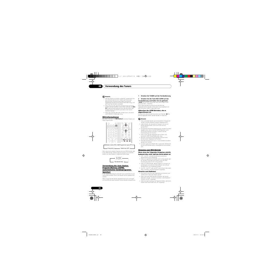 Rds-informationen, Verwendung des auto station program memory (aspm), Automatischer senderprogramm-speicher) | Hinweise zum rds-betrieb, Clear repeat, Verwendung des tuners 08 | Pioneer X-CM31-R User Manual | Page 90 / 228