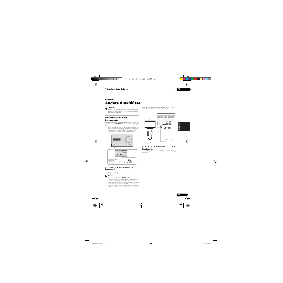 09 andere anschlüsse, Anschluss zusätzlicher komponenten, Timer volume phones audio in ipad | Andere anschlüsse | Pioneer X-CM31-R User Manual | Page 91 / 228