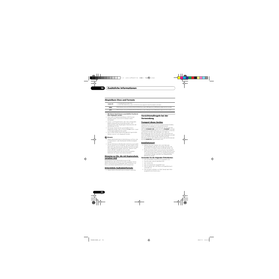 Abspielbare discs und formate, Hinweise zu cds, die mit kopierschutz versehen, Sind | Unterstützte audiodateiformate, Vorsichtsmaßregeln bei der verwendung, Transport dieses gerätes, Installationsort, Zusätzliche informationen 10 | Pioneer X-CM31-R User Manual | Page 94 / 228