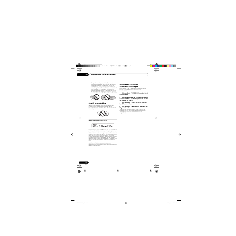 Speziell geformte discs, Über ipod/iphone/ipad, Wiederherstellen aller standardeinstellungen | Zusätzliche informationen 10 | Pioneer X-CM31-R User Manual | Page 96 / 228