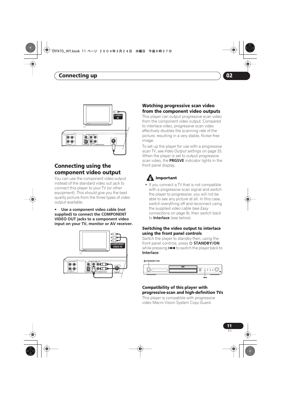 Connecting using the component video output, Connecting up 02, Standby/on open/close | Pioneer DV-470-K User Manual | Page 11 / 44