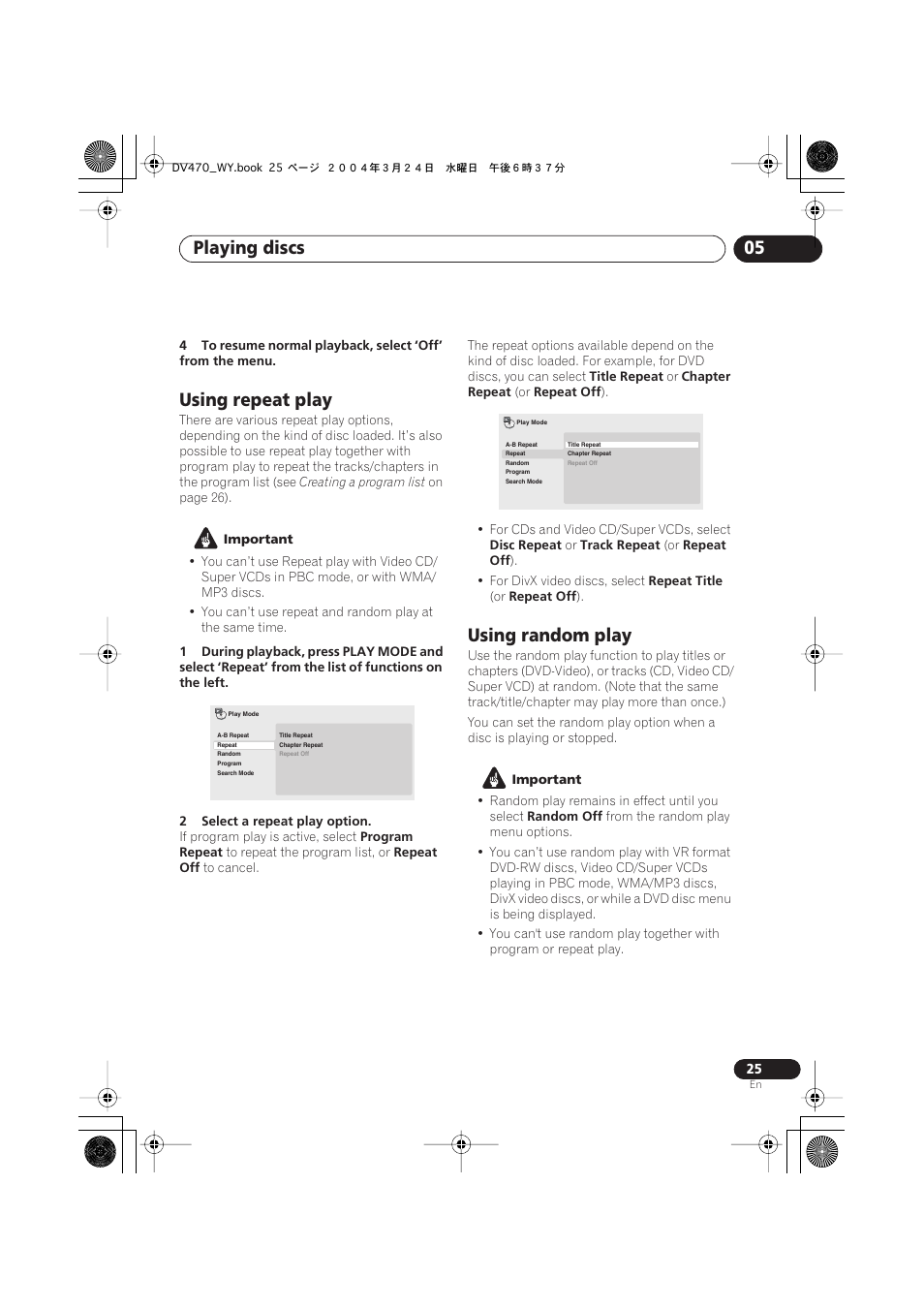 Using repeat play, Using random play, Playing discs 05 | Pioneer DV-470-K User Manual | Page 25 / 44