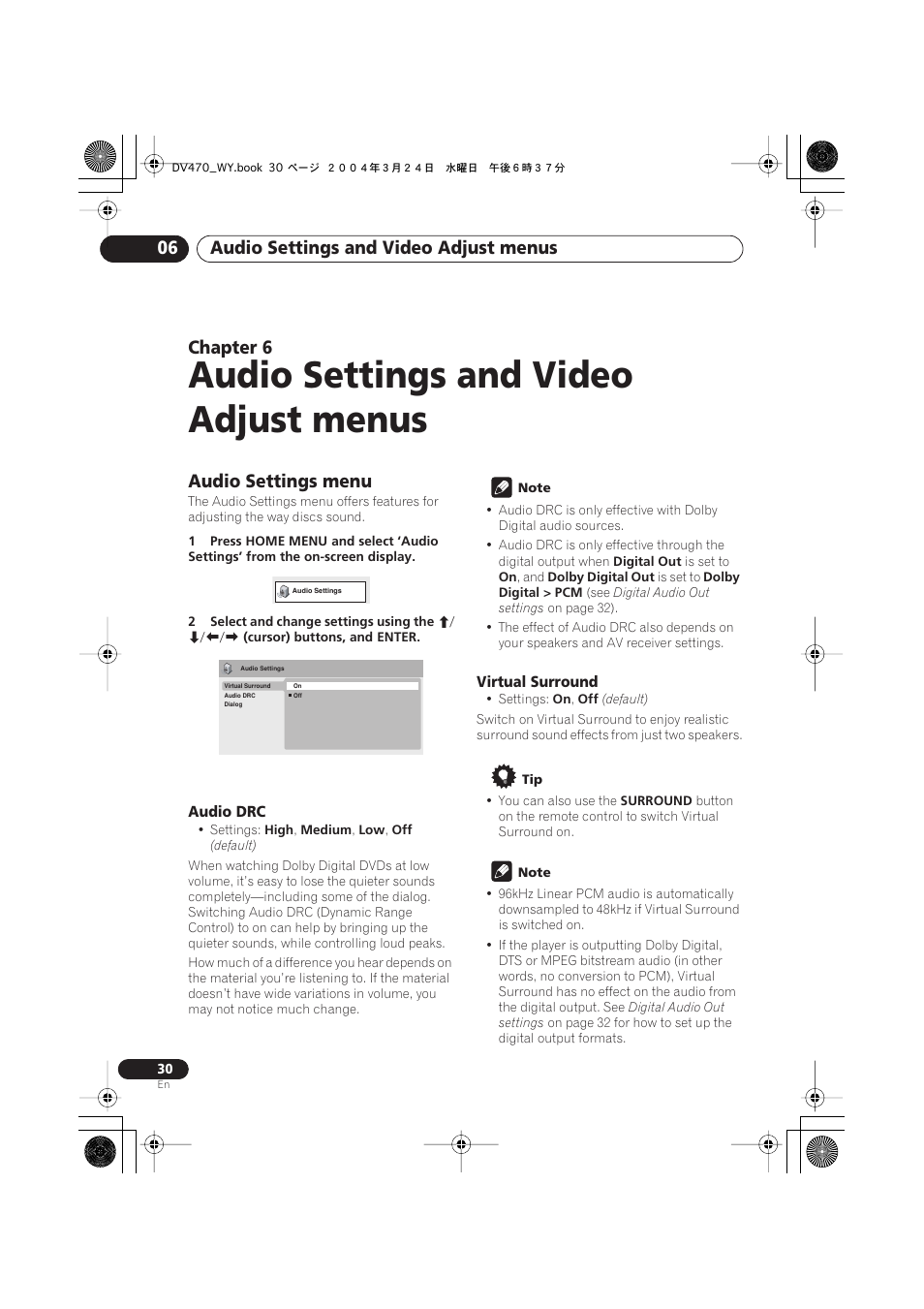 06 audio settings and video adjust menus, Audio settings menu, Audio settings and video adjust menus | Audio settings and video adjust menus 06, Chapter 6 | Pioneer DV-470-K User Manual | Page 30 / 44