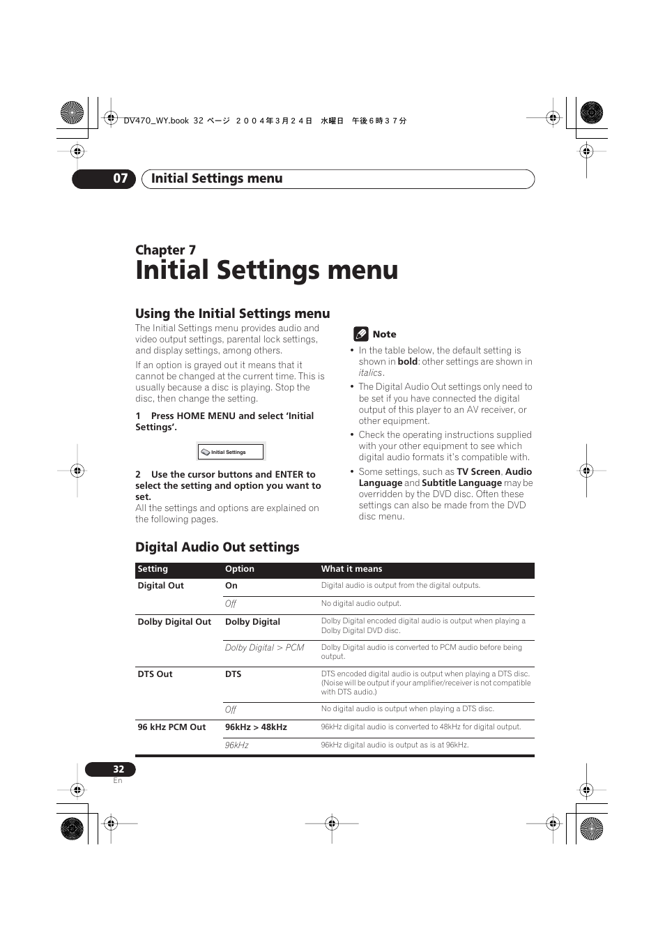 07 initial settings menu, Using the initial settings menu, Digital audio out settings | Initial settings menu, Initial settings menu 07, Chapter 7 | Pioneer DV-470-K User Manual | Page 32 / 44