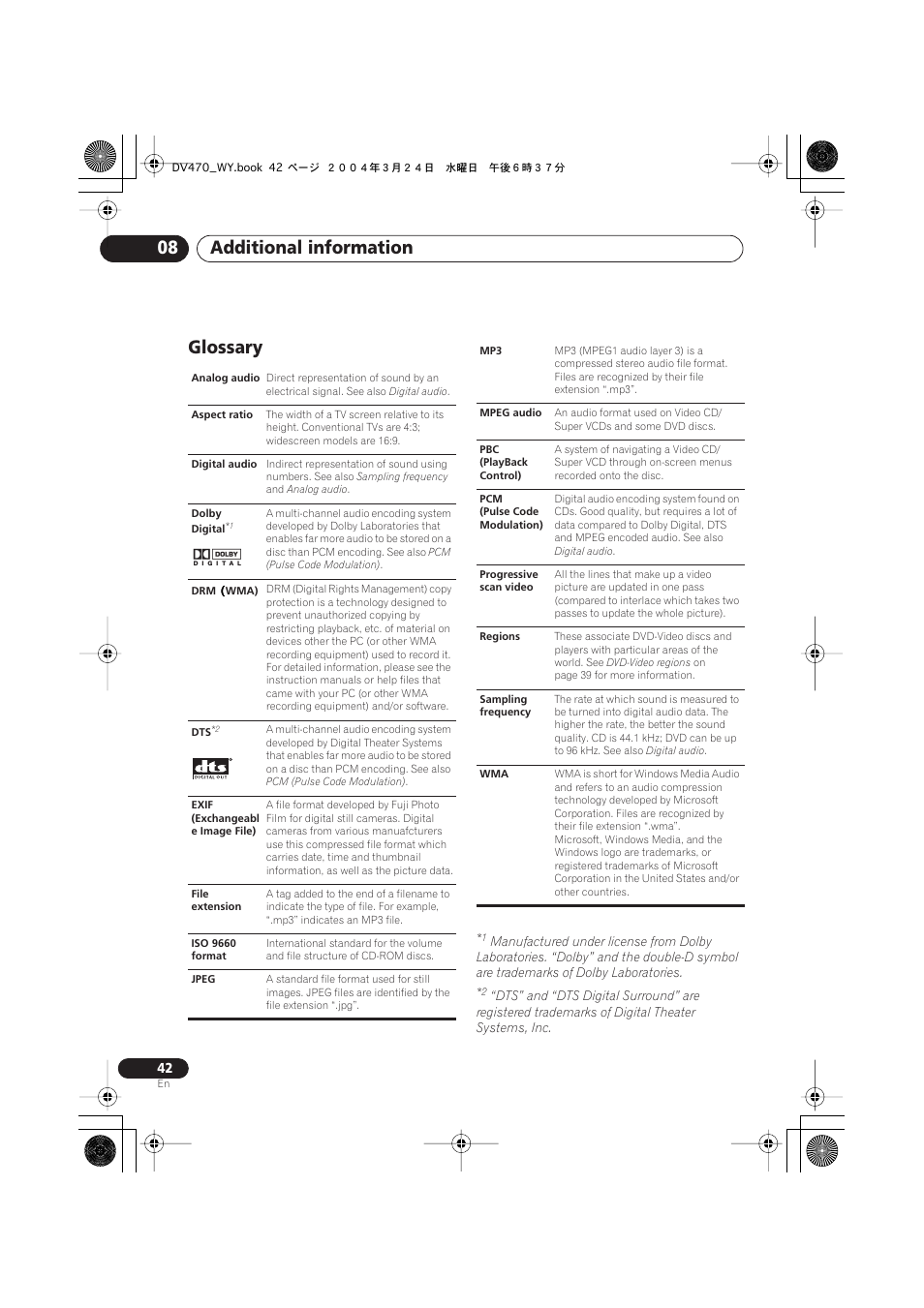 Glossary, Additional information 08 | Pioneer DV-470-K User Manual | Page 42 / 44