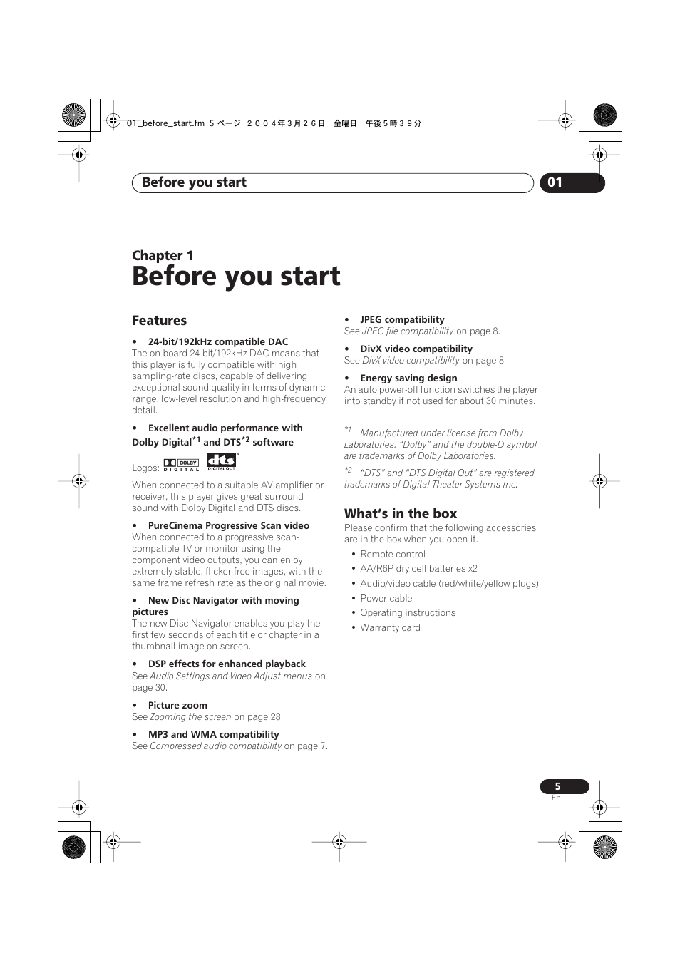 01 before you start, Features, What’s in the box | Before you start, Before you start 01, Chapter 1 | Pioneer DV-470-K User Manual | Page 5 / 44