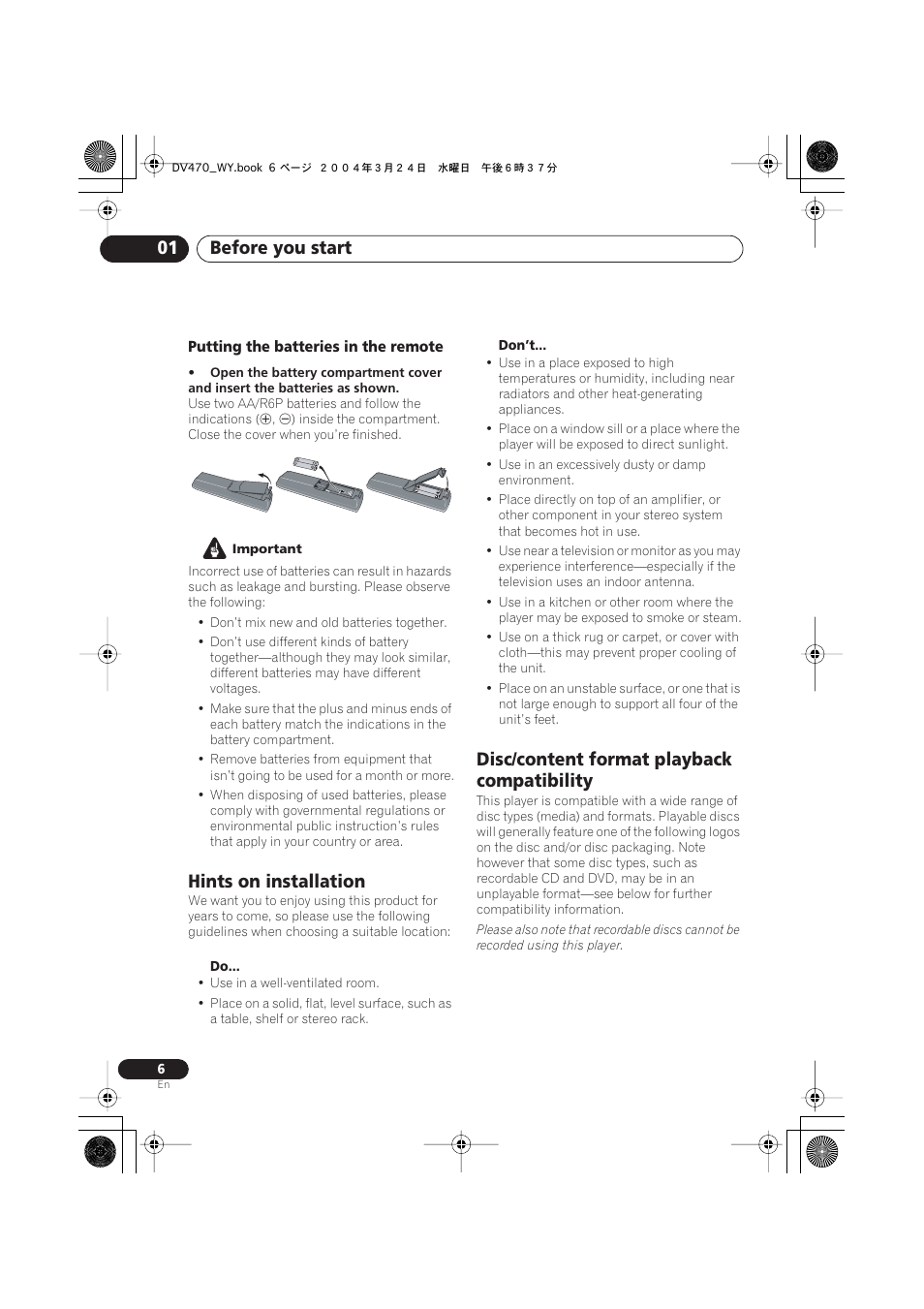 Hints on installation, Disc/content format playback compatibility, Before you start 01 | Pioneer DV-470-K User Manual | Page 6 / 44