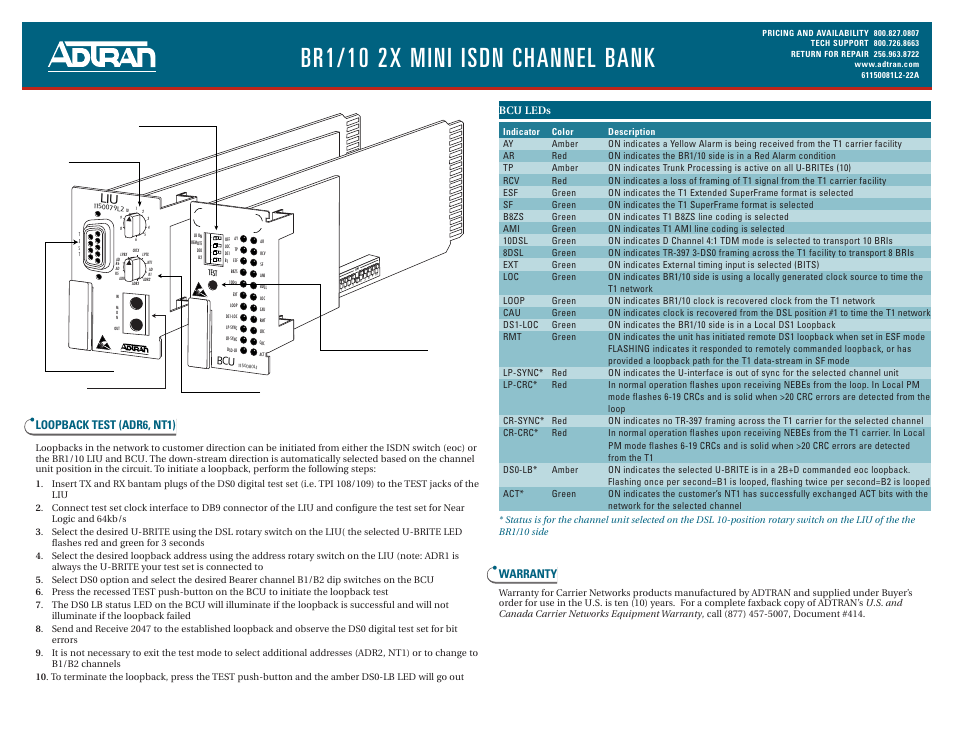 Br1/10 2x mini isdn channel bank, Warranty, Loopback test (adr6, nt1) | ADTRAN BR1 User Manual | Page 2 / 2