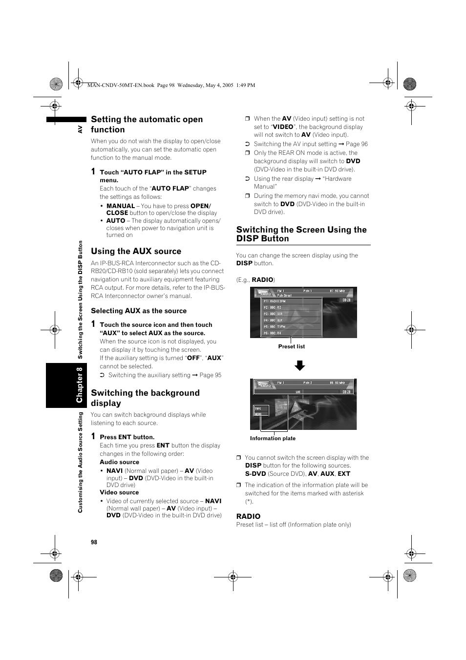 Setting the automatic open function, Using the aux source, Switching the background display | Switching the screen using the disp button | Pioneer CNDV-50MT User Manual | Page 100 / 142