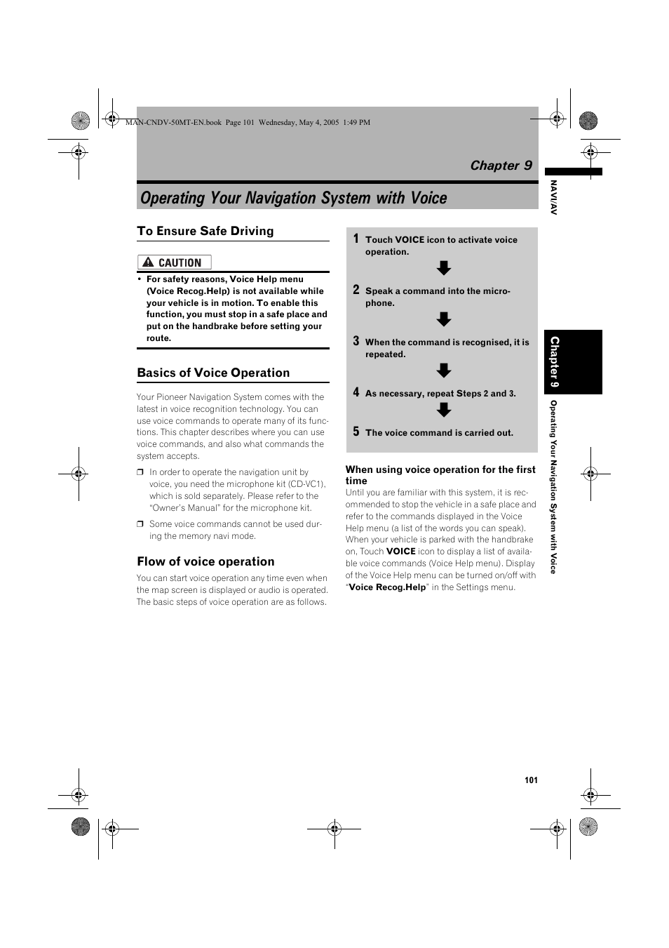 Operating your navigation system with voice, Chapter 9, Basics of voice operation | Flow of voice operation | Pioneer CNDV-50MT User Manual | Page 103 / 142