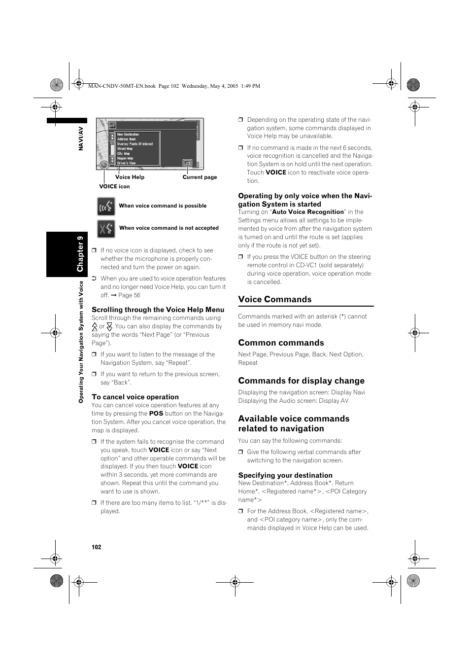 Voice commands, Common commands, Commands for display change | Available voice commands related to navigation | Pioneer CNDV-50MT User Manual | Page 104 / 142