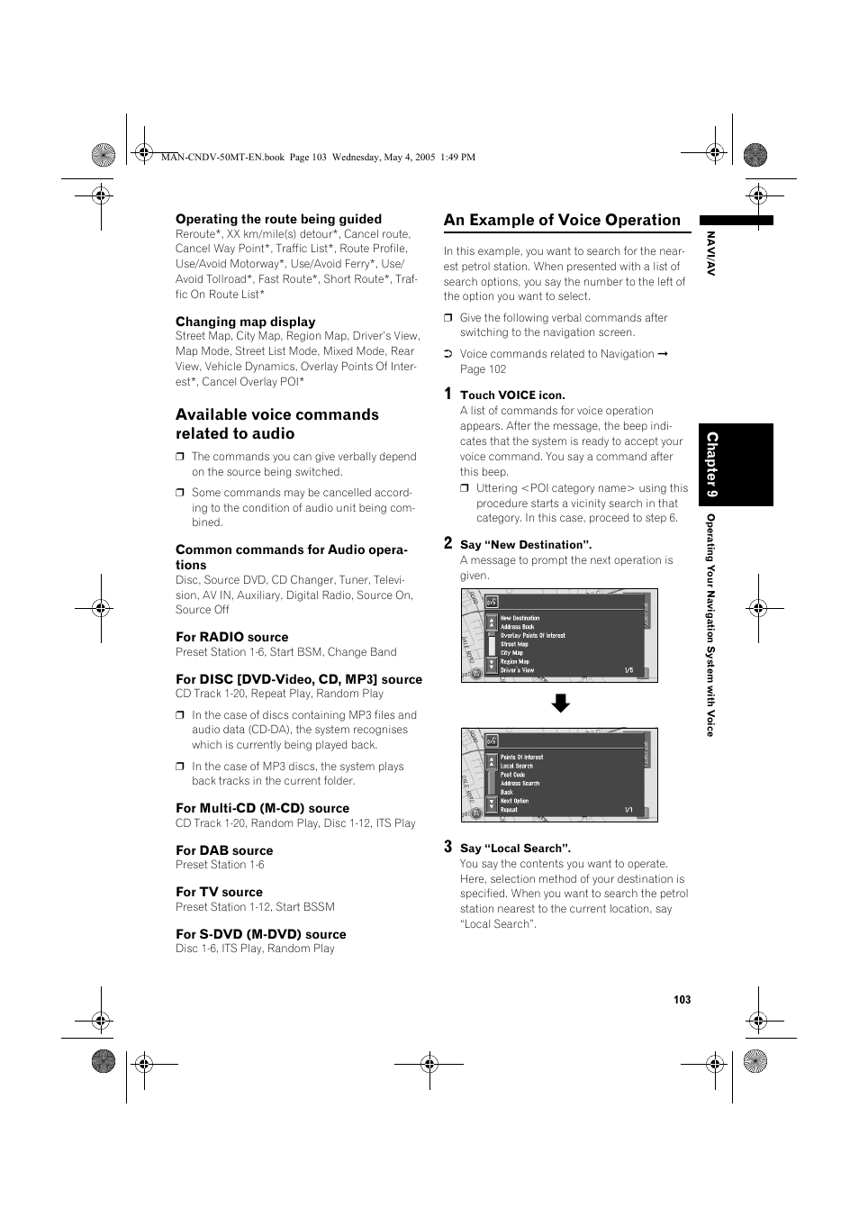 Available voice commands related to audio, An example of voice operation | Pioneer CNDV-50MT User Manual | Page 105 / 142