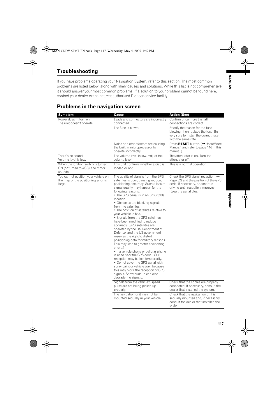 Troubleshooting, Problems in the navigation screen | Pioneer CNDV-50MT User Manual | Page 119 / 142