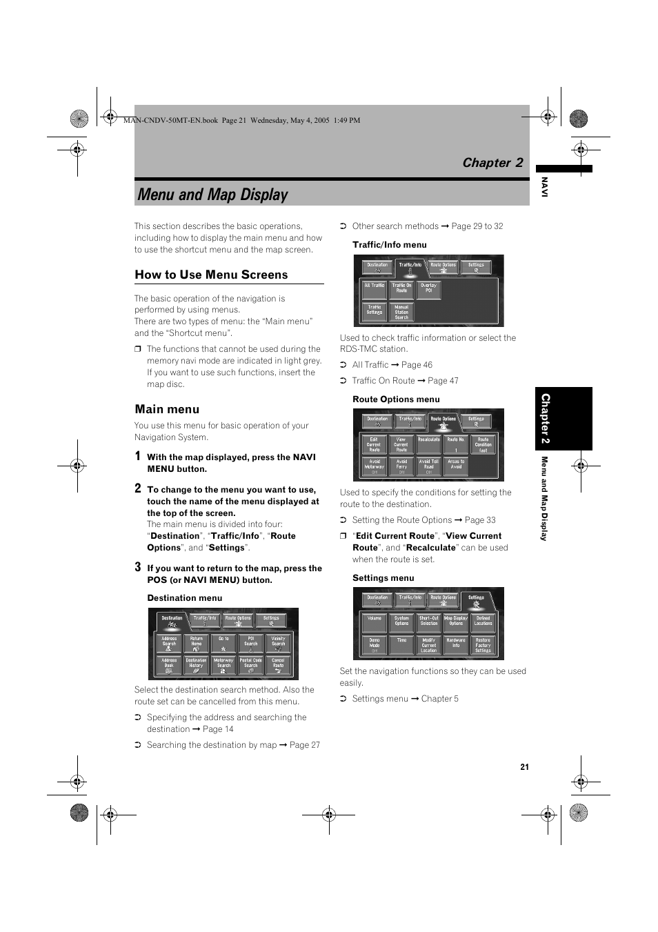 Menu and map display, Chapter 2, How to use menu screens | Main menu | Pioneer CNDV-50MT User Manual | Page 23 / 142