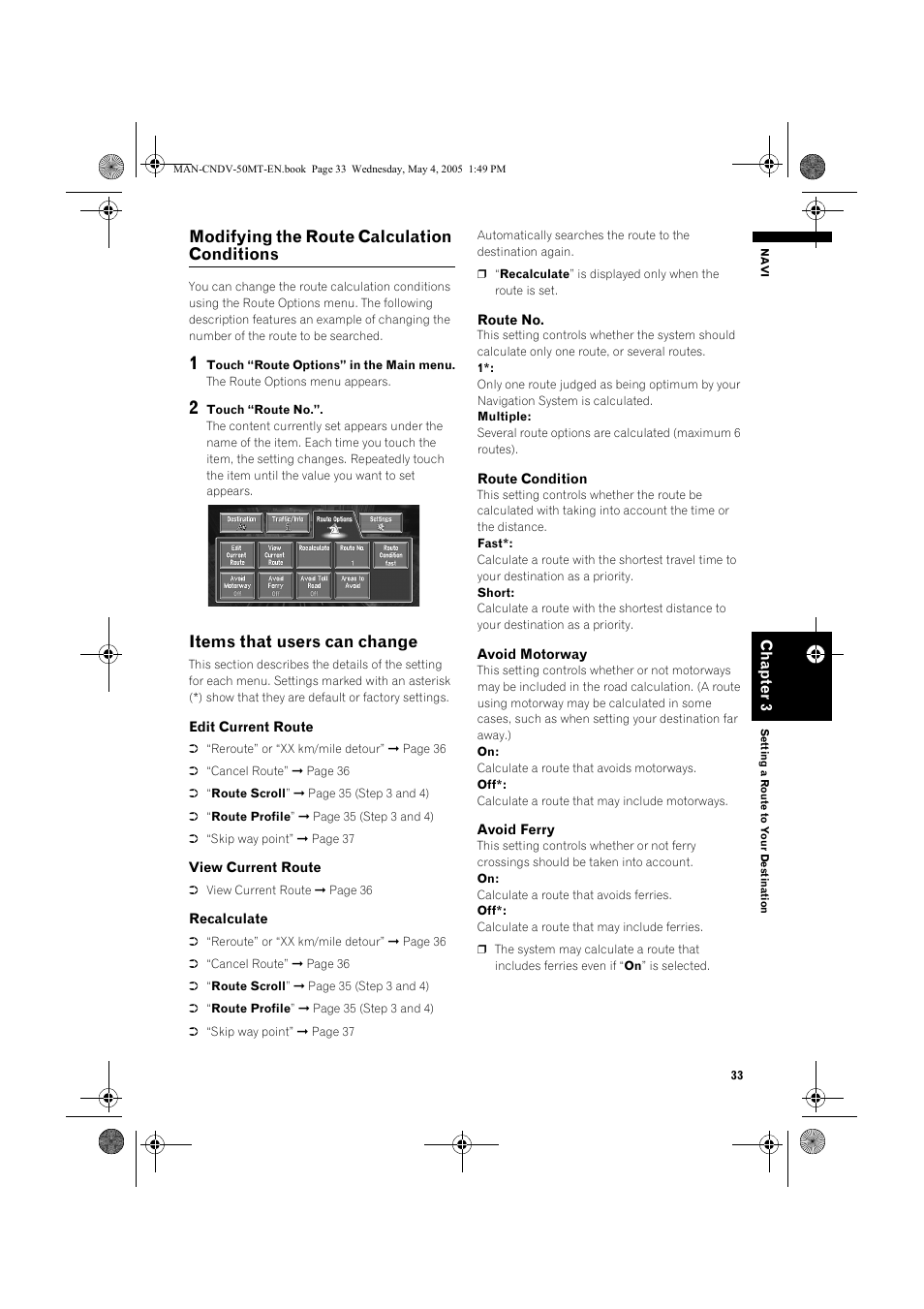 Modifying the route calculation conditions, Items that users can change | Pioneer CNDV-50MT User Manual | Page 35 / 142
