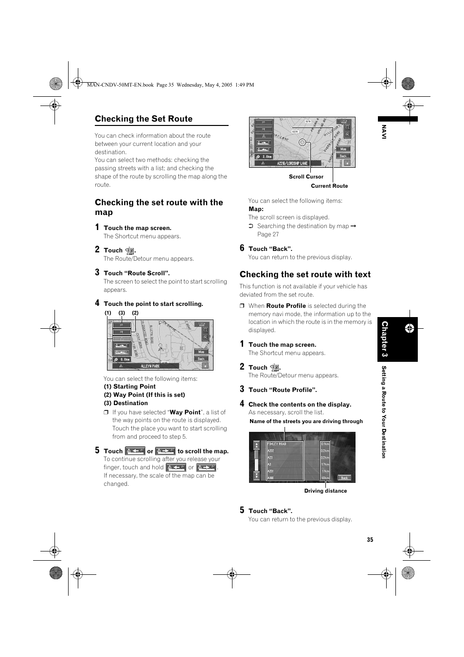 Checking the set route, Checking the set route with the map, Checking the set route with text | Pioneer CNDV-50MT User Manual | Page 37 / 142