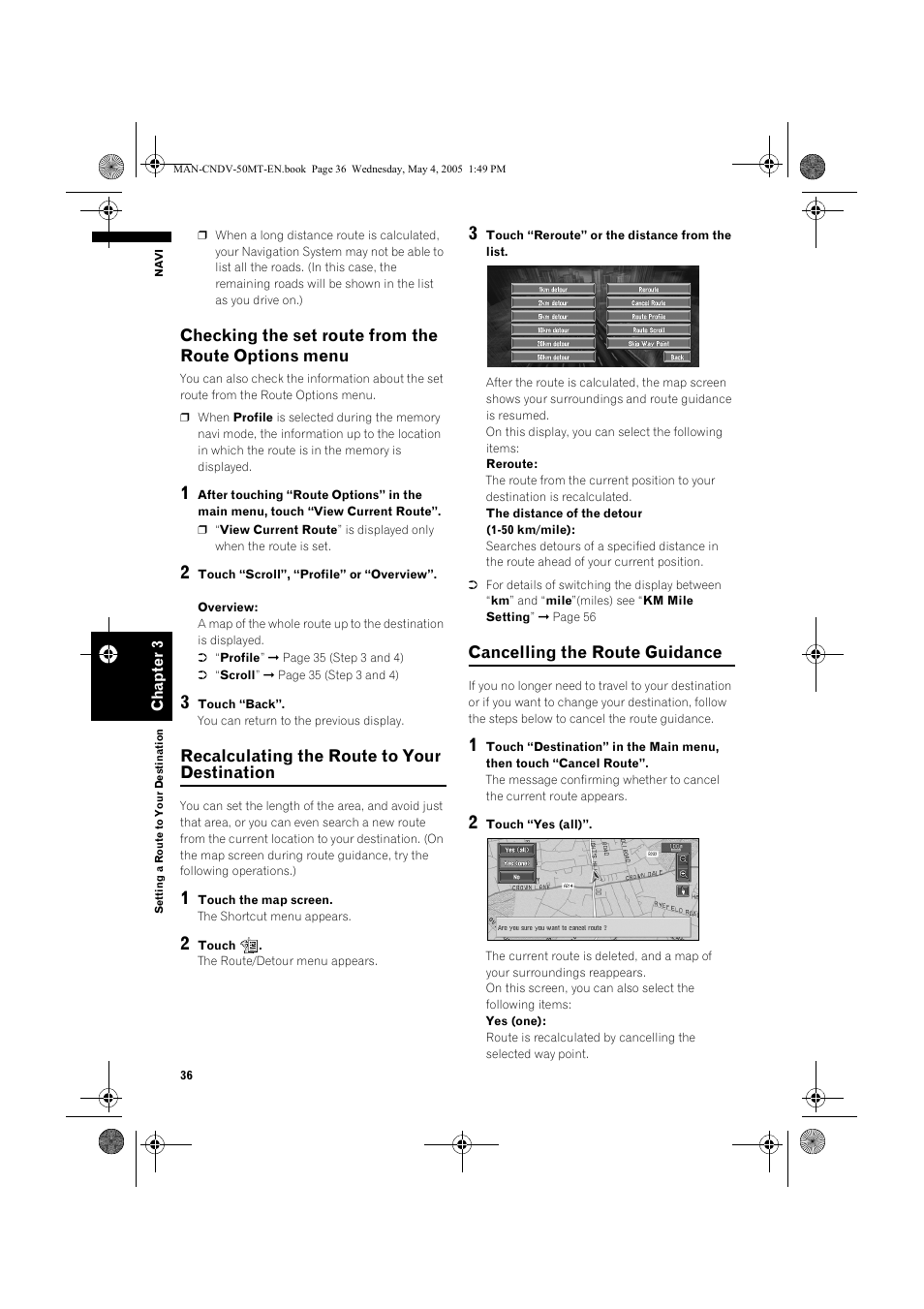 Checking the set route from the route options menu, Recalculating the route to your destination, Cancelling the route guidance | Pioneer CNDV-50MT User Manual | Page 38 / 142