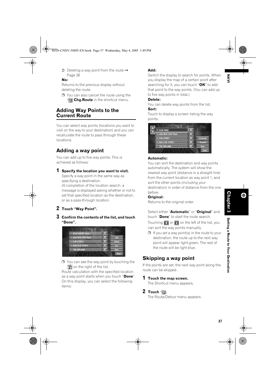 Adding way points to the current route, Adding a way point, Skipping a way point | Pioneer CNDV-50MT User Manual | Page 39 / 142