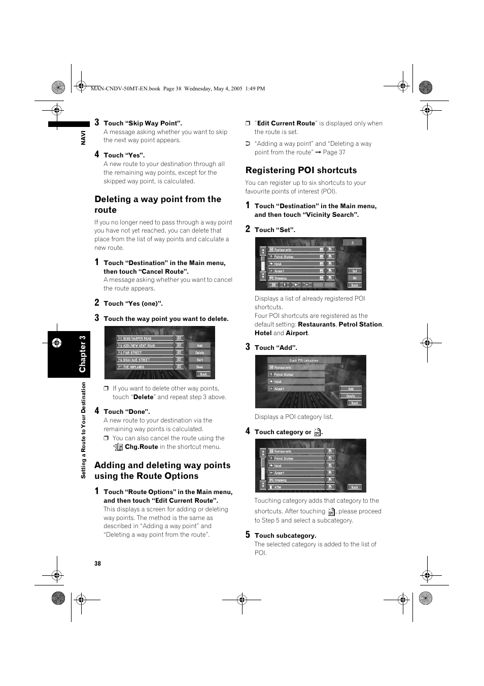 Deleting a way point from the route, Registering poi shortcuts | Pioneer CNDV-50MT User Manual | Page 40 / 142
